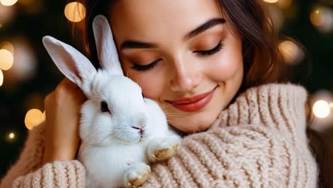 una mujer sosteniendo un conejo blanco en sus brazos