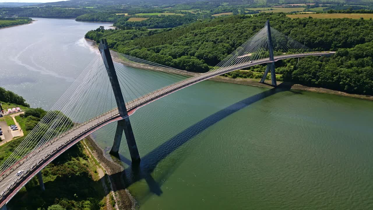 Panorama drone view of the beautiful and modern architecture of Térénez Bridge near the Belvédère de Térénez, France