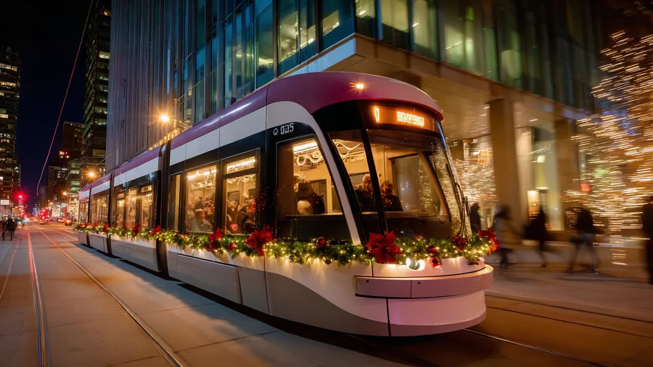 A festive tram adorned with holiday decorations glides through a vibrant urban street at night, showcasing a warm atmosphere and joyful passengers amidst twinkling lights and wintry cheer