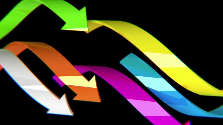 Colorful arrows on black background, 3D animation, seamless loop