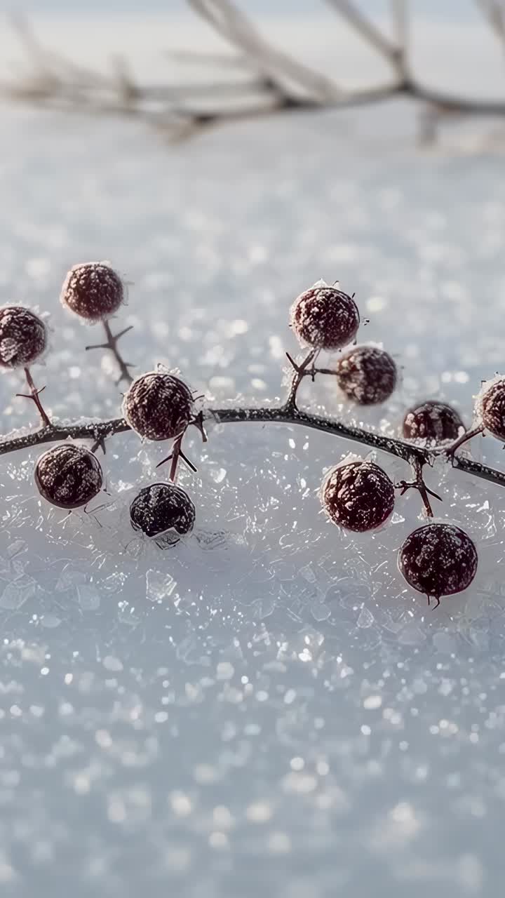 Vertical video: Sliding macro camera shifting focus at low angle, revealing frosted berries on twig