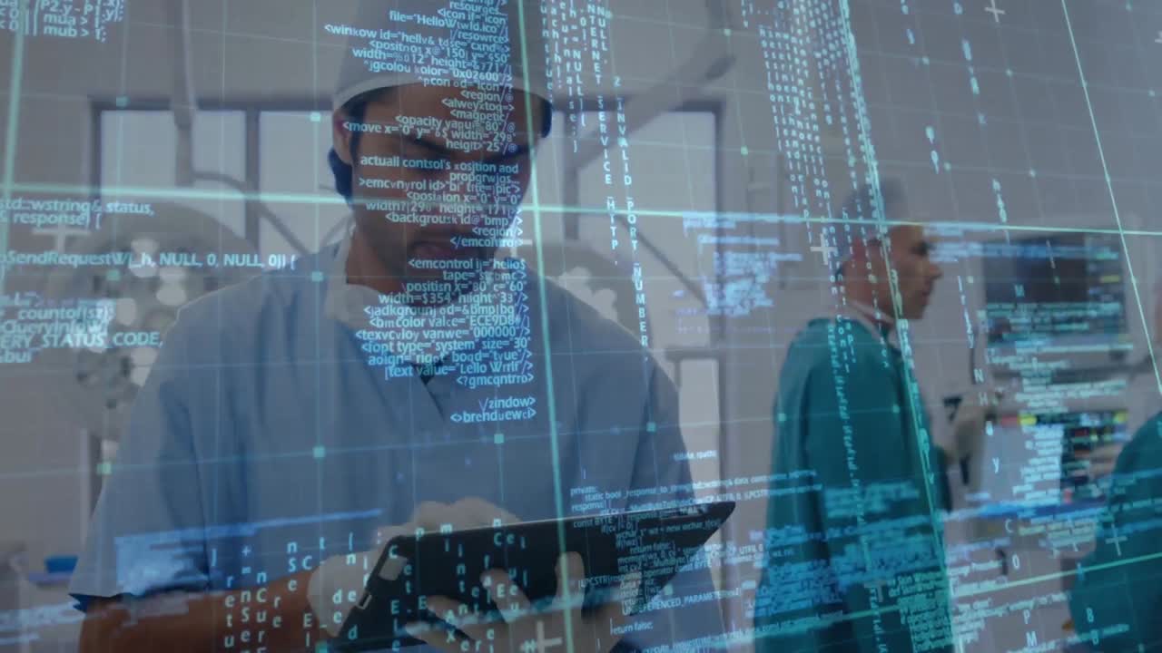 Digital animation of data processing over grid lines against male medical professional using digital