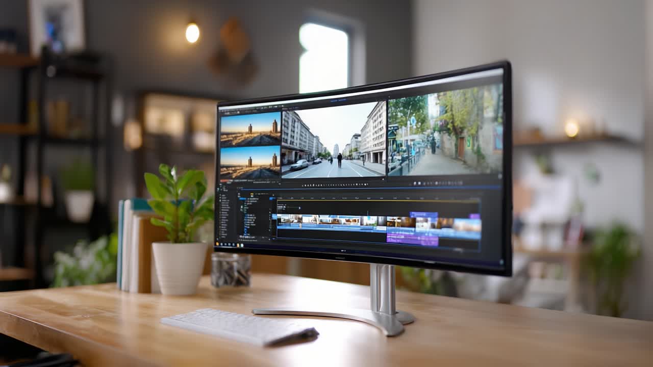 Modifica di un video multi-inquadratura su un monitor ad alta risoluzione, che mostra un'area di lavoro organizzata con sfondo illuminato e software di editing creativo