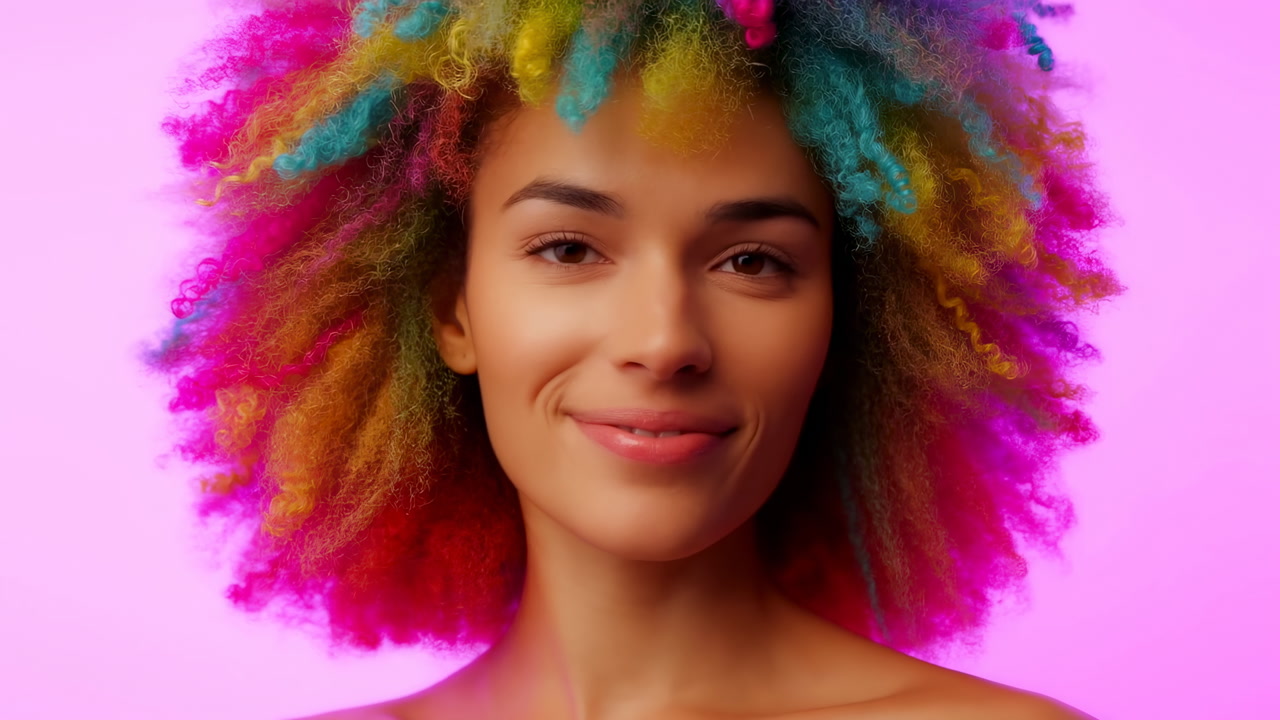 Colorful Multiracial Woman With Rainbow Afro, Studio Pink Backdrop, Playful Smile, Vibrant Makeup, Fashion