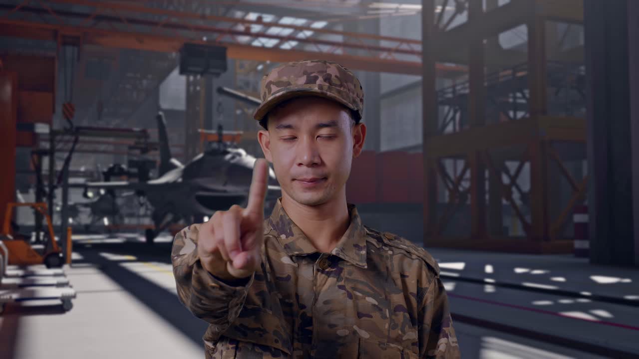 Soldado com uniforme camuflado nega com o dedo