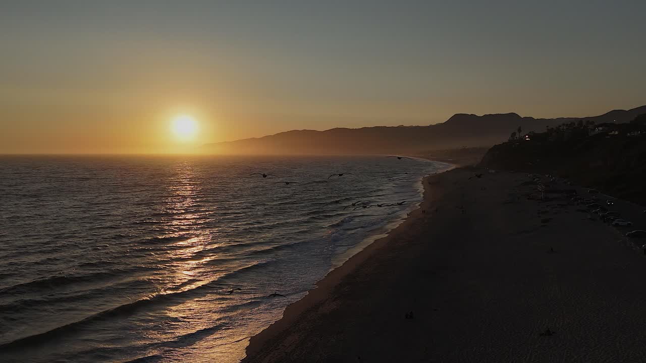 surrealista al anochecer aéreo sigue pelícanos volando sobre malibu a la puesta de sol dorada