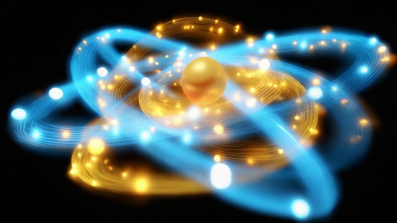 A Vibrant Representation of Atomic Structure with Glowing Particles and Energy Waves; An Artistic Visualization of the Fundamental Components of Matter, Interconnected by Dynamic Light Trails and Gradients