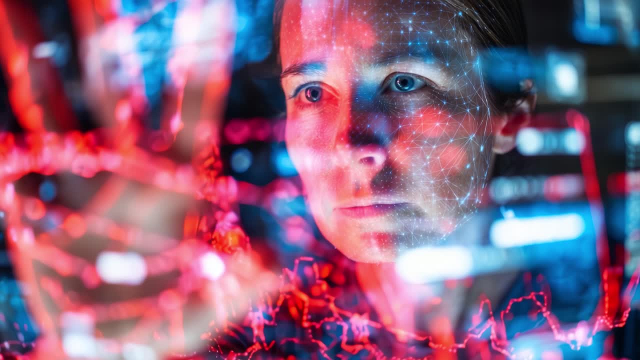 A focused individual interacting with a vibrant, dynamic digital interface, showcasing advanced technology through vivid colors and intricate patterns in an innovative environment