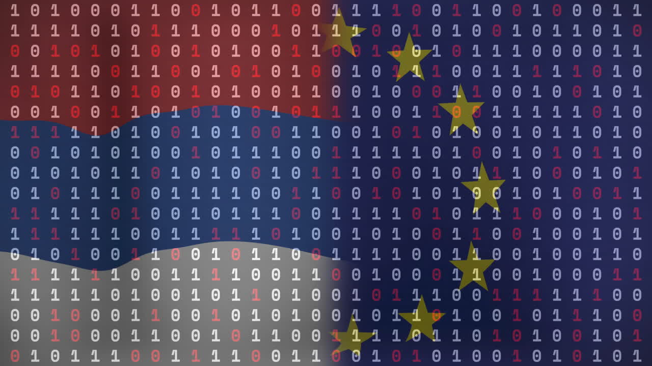 Animation of binary code overlaying flag colors with stars, symbolizing digital data