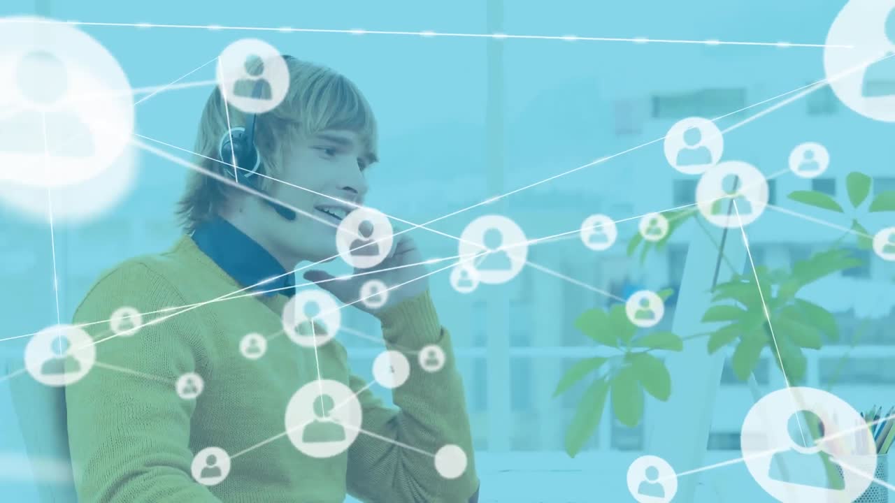 전화 헤드을 사용하는 카우카스 사업가에 대한 아이콘과 연결 네트워크의 애니메이션