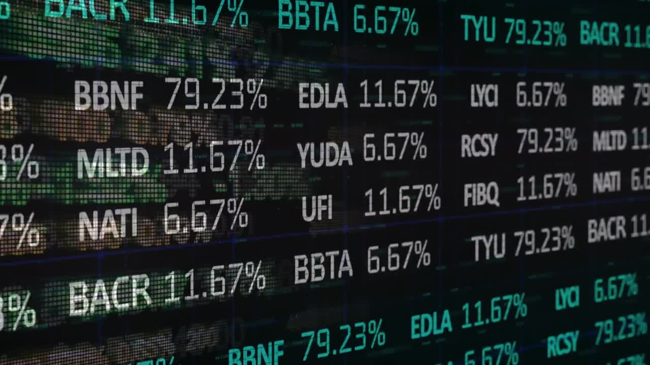 Animazione di elaborazione dati di borsa su sfondo nero