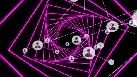 network of profile icons against neon pink glowing hexagonal tunnel on black background