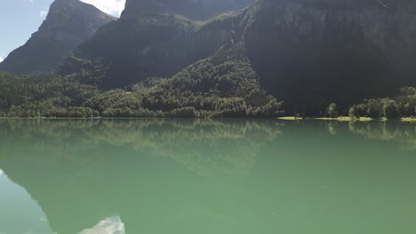 majestic peaks, crystal waters: aerial view of green forest and lakeside mountains