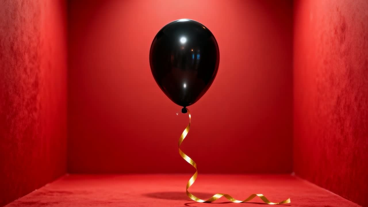 Palloncino in lattice nero lucido ondeggiante con nastro dorato attorcigliato in scatola rossa, dopo il distacco di una goccia