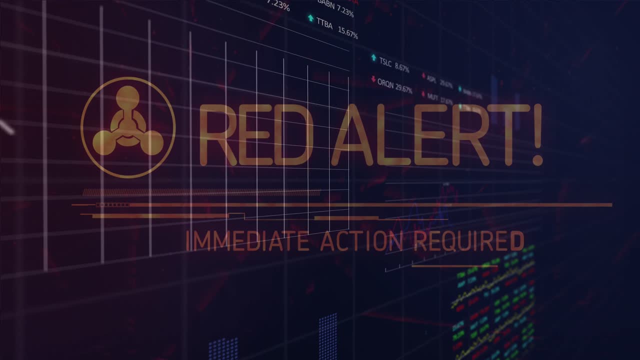 animación de alerta roja, gráficos y datos financieros sobre fondo naval