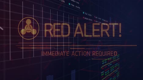 animation of red alert, graphs and financial data over navy background