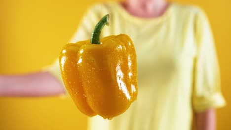 a person sporting a vibrant yellow t-shirt expertly slices through ripe yellow bell peppers suspended in the air