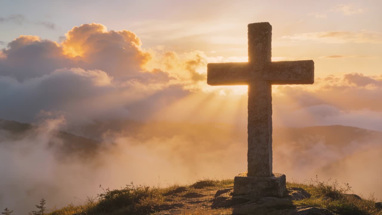 Sol bajo proyectando rayos a través de la niebla del valle, con una cruz de piedra silueteándose en la cima rocosa de una colina.