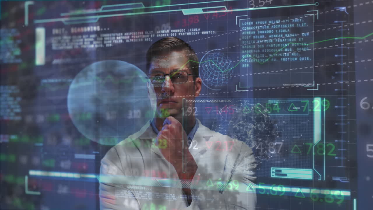 Animation of stock market and digital interface over male doctor