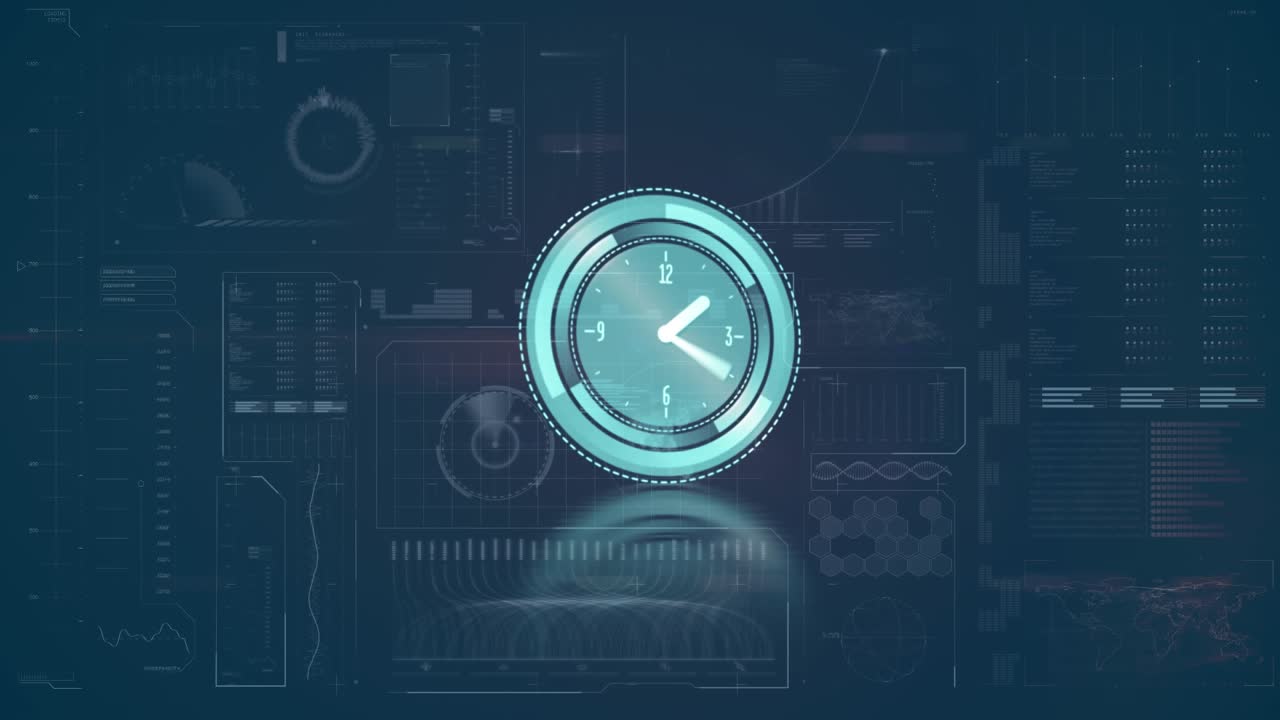 Animation of clock moving over data processing over cityscape