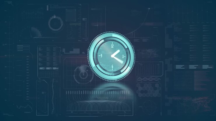 Animation of clock moving over data processing over cityscape