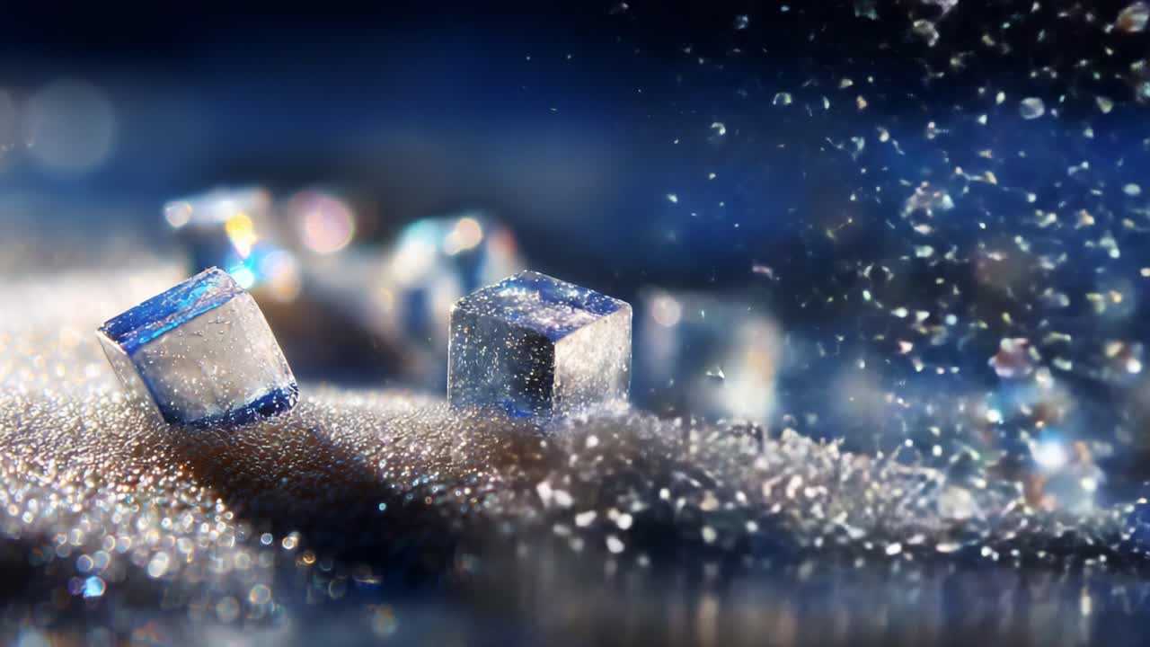 Mesmerizing Close-Up of Glittering Ice Cubes on a Sparkling Surface, Capturing the Intriguing Interaction Between Light and Water Droplets in a Stunning Visual Display