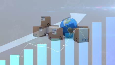 animación de flecha con estadísticas sobre el globo y cajas de cartón en el fondo