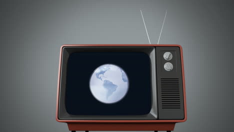 vintage tv news screen with blue and white digital globe rotating