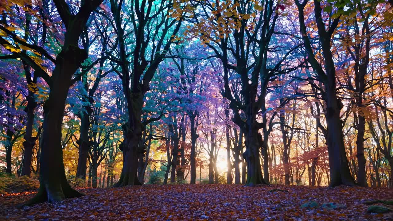 鮮やかな日の出と紅葉の美しい秋の森