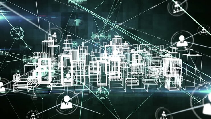 Animation of network of connections over digital city on black background
