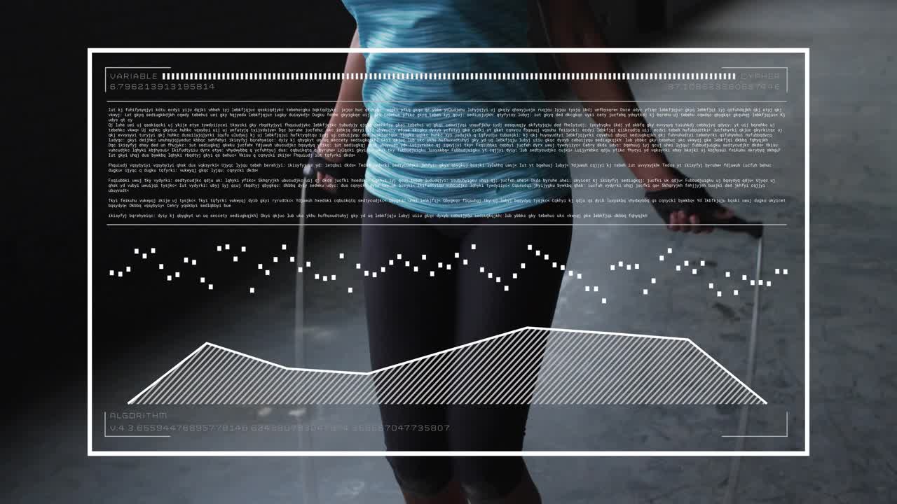 Woman rotating wrists starting jump-rope fitness in warehouse gym, HUD waveform-line graph reacting