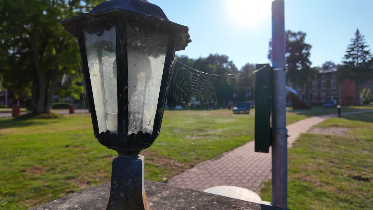 Street lamp with spider webs close-up 4k 60fps slow motion