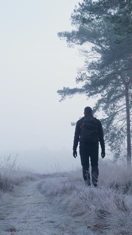 man walking on a frosty path through a foggy forest