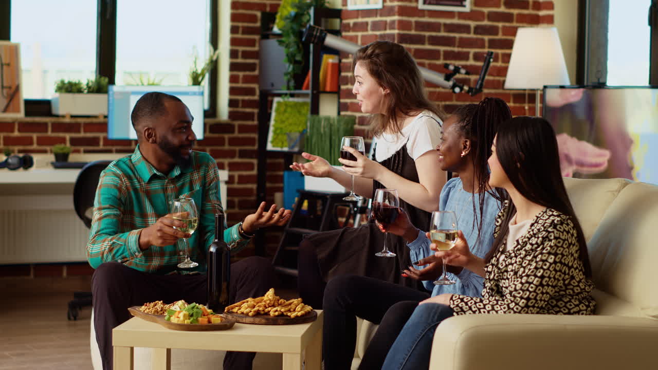 Mates having lively conversation, throwing party in modern apartment living room