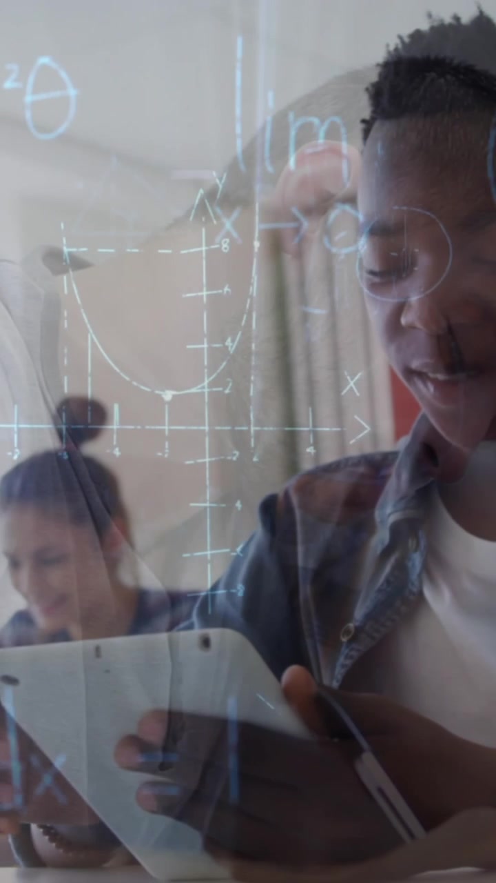 Animation of math formulas moving over african american boy with tablet and class of diverse pupils