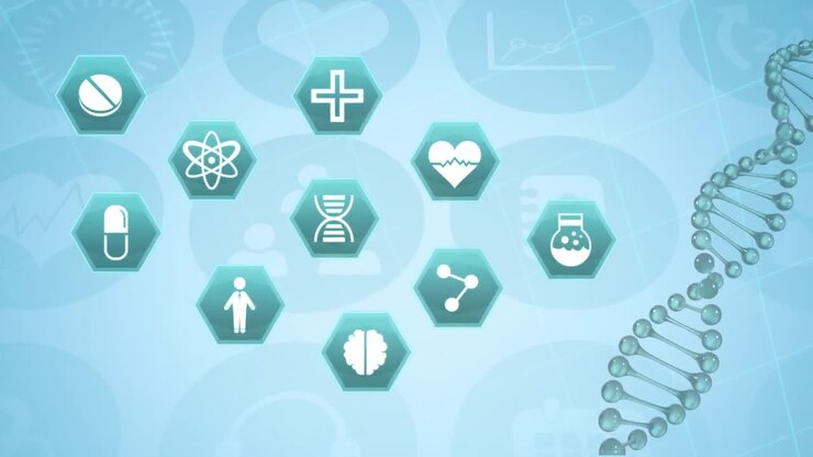Iconos médicos y estructuras de ADN en movimiento con fondo azul