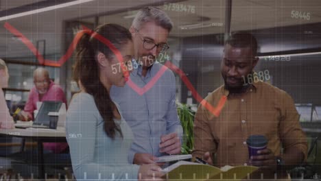 animation of financial data processing over diverse business people working at office