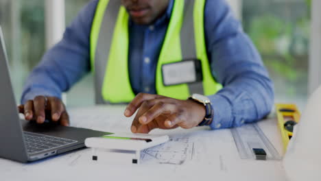 architecture, laptop and calculator of man hand