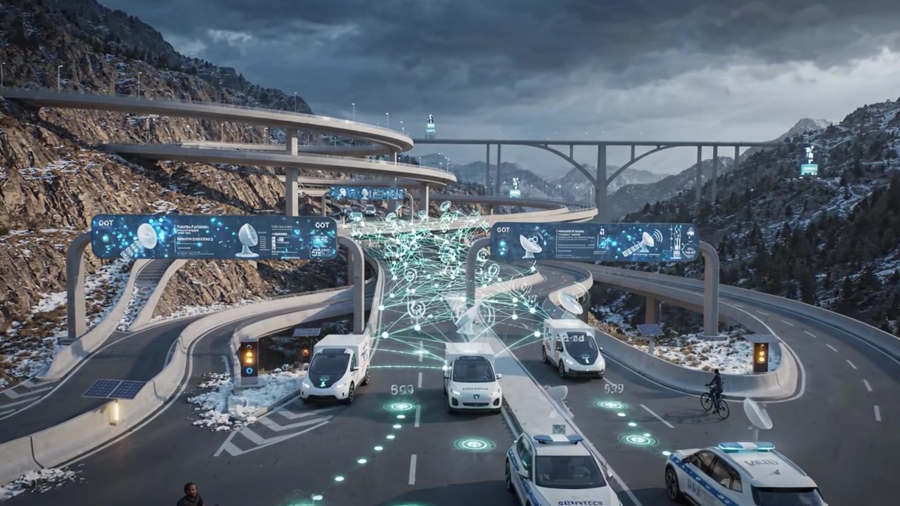 Futuristic Intersection of Autonomous Vehicles and Cyclists in a High-Tech Environment with Advanced Connectivity and Digital Information Displays for Safety and Navigation