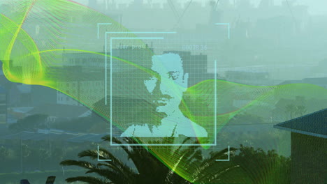 animation of digital face recognition overlaying cityscape with green wave patterns