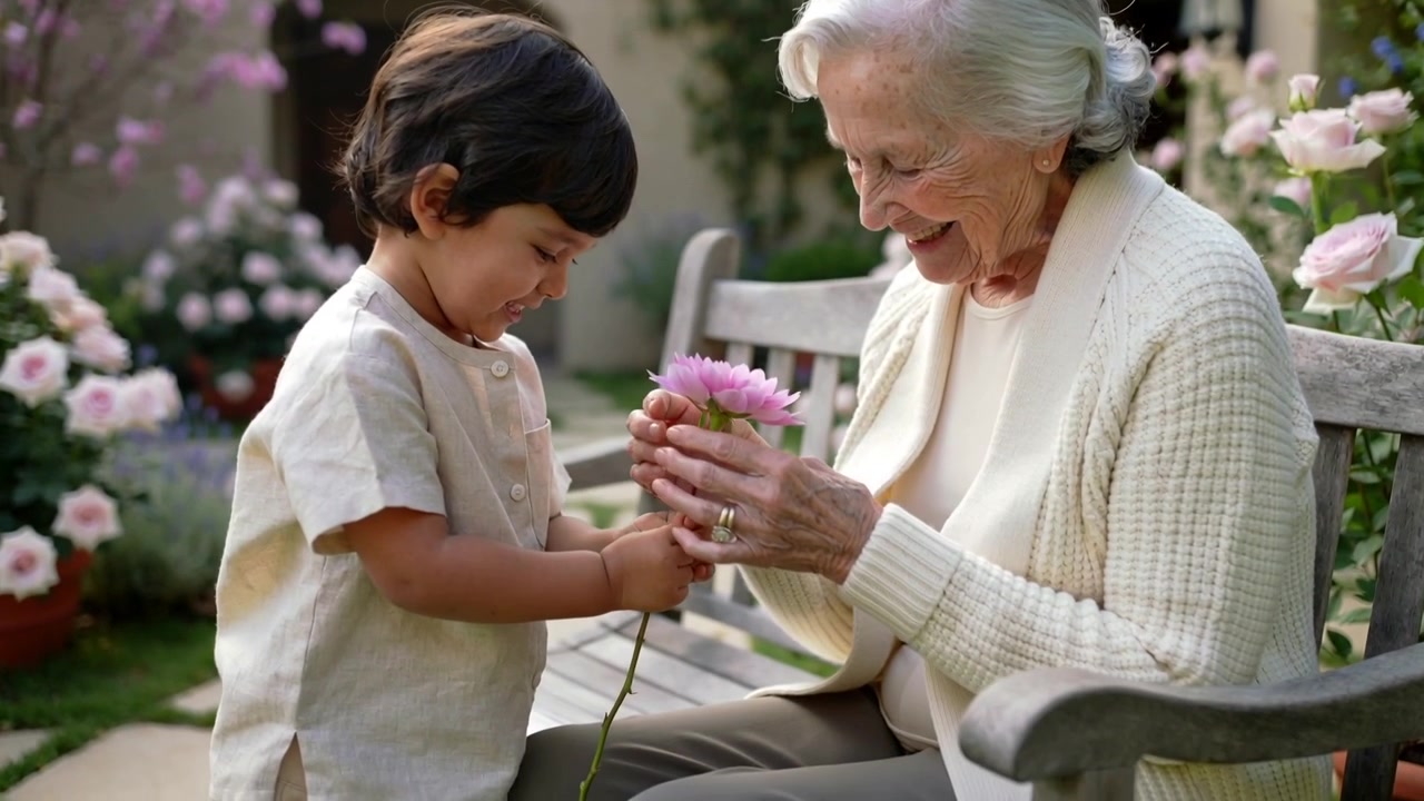 Bambino che cammina offre un fiore rosa su una panchina da giardino, donna in abito color crema tiene un fiore, mostrando amore