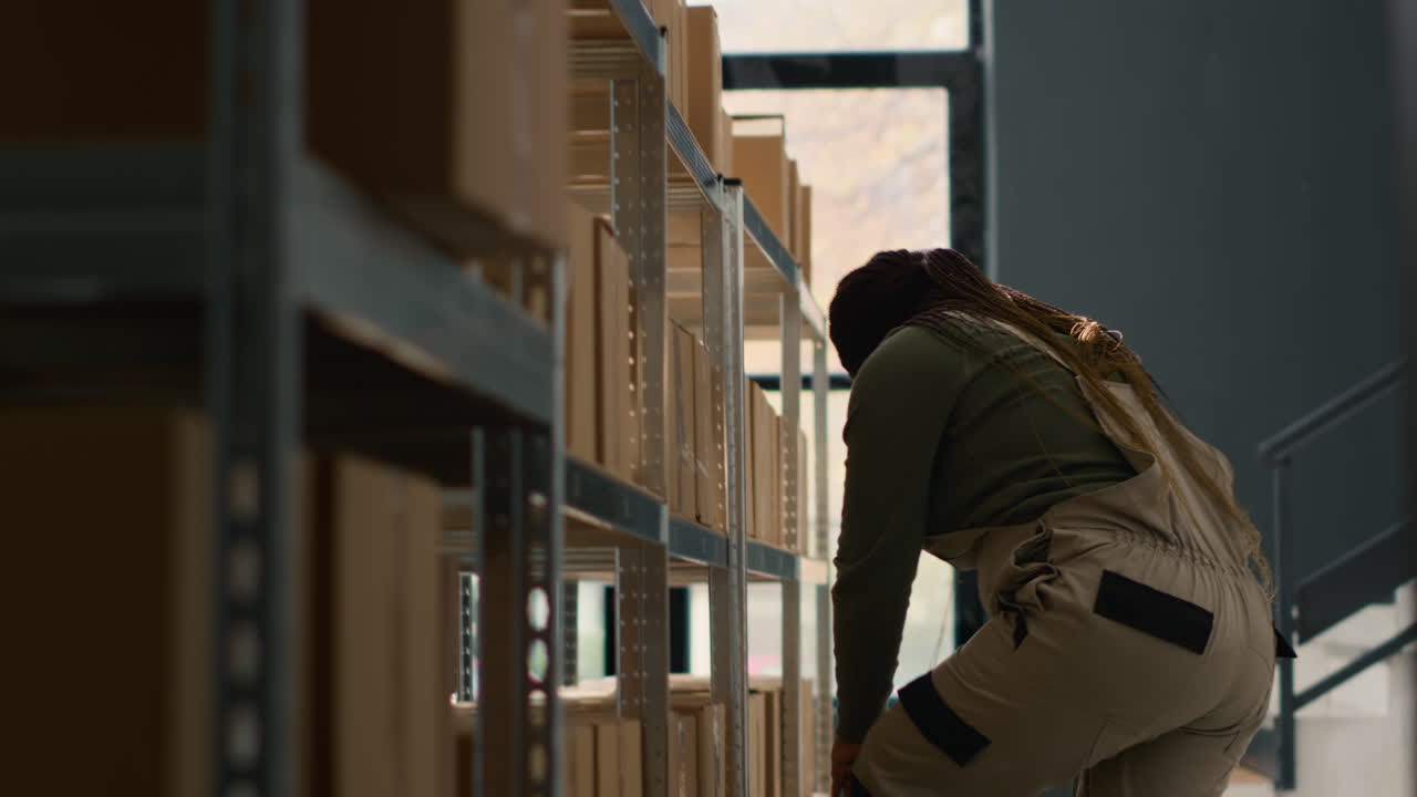 Woman organizing boxes in warehouse shelves