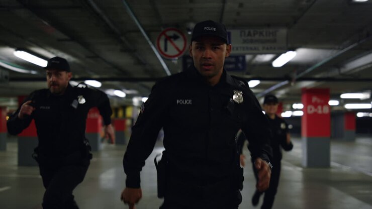 Policiais correndo atrás de criminoso
