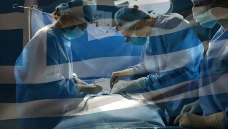Animation-of-flag-of-greece-over-surgeons-in-operating-theatre