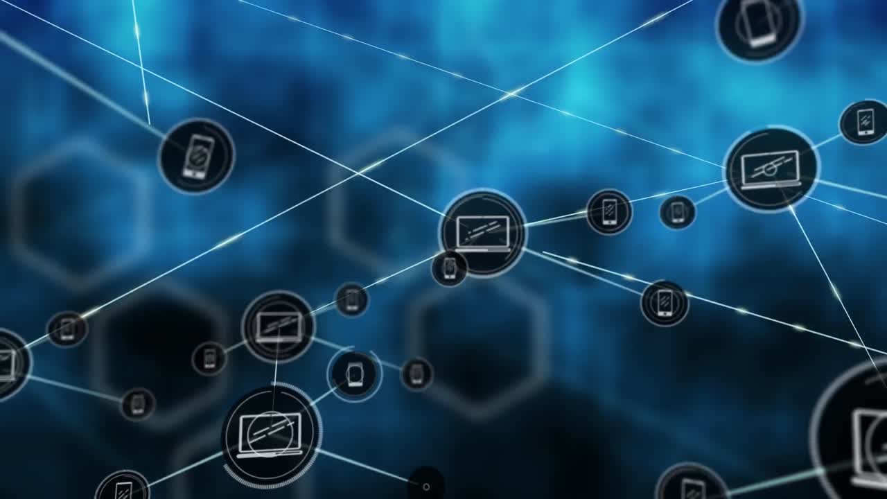 animación de la red de conexiones con iconos sobre formas sobre fondo negro