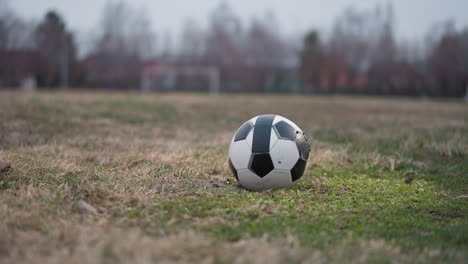 close-up of two people approaching a soccer ball on a grassy field, the background is blurred, showcasing a football goalpost