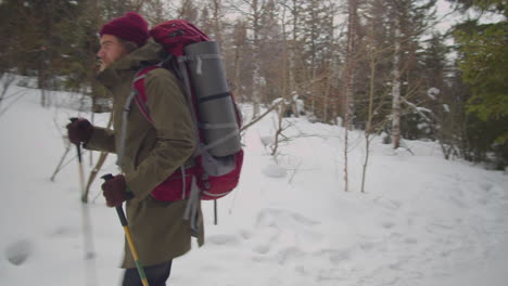 tourist hiking in woods on winter day