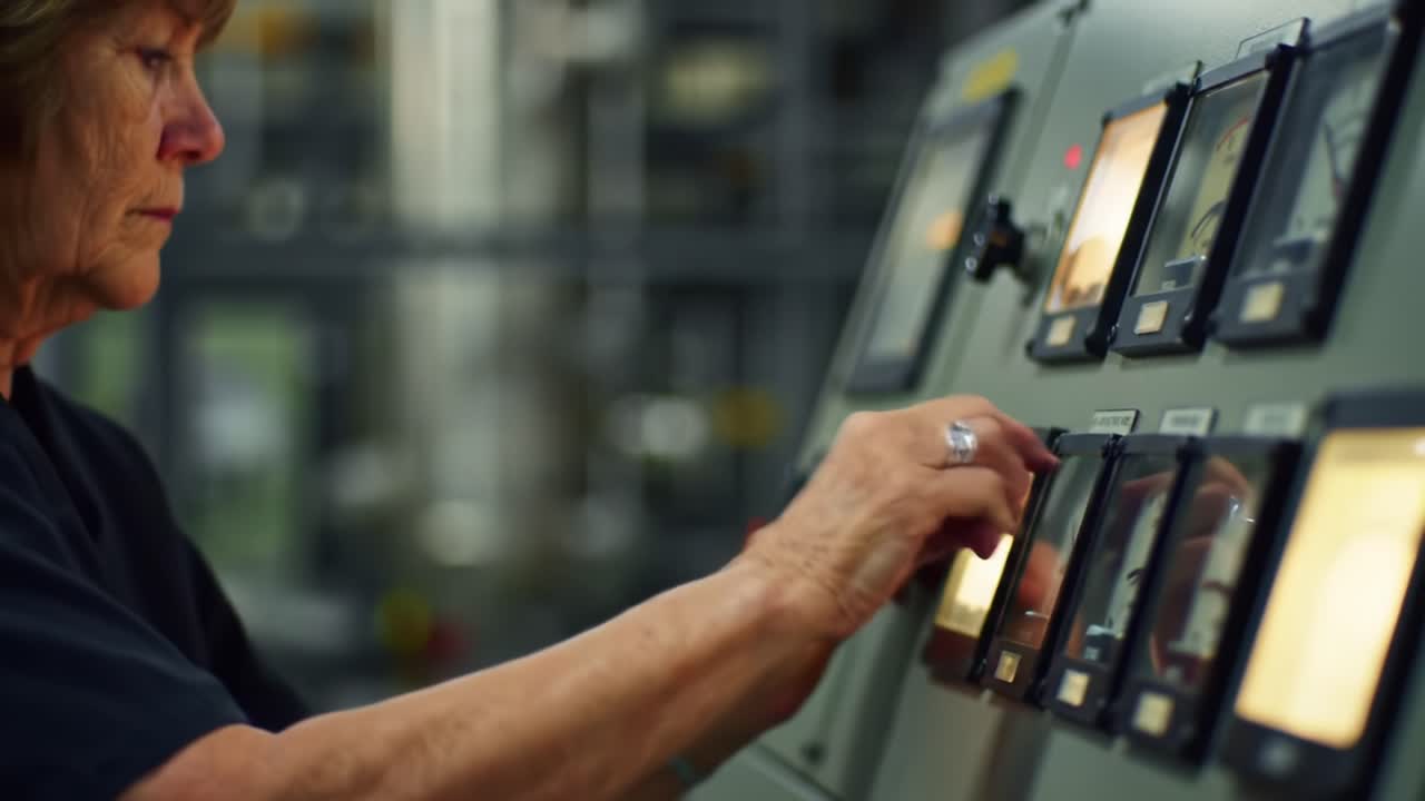 Expert Technician Controls Machinery in High-Tech Facility During Production Shift