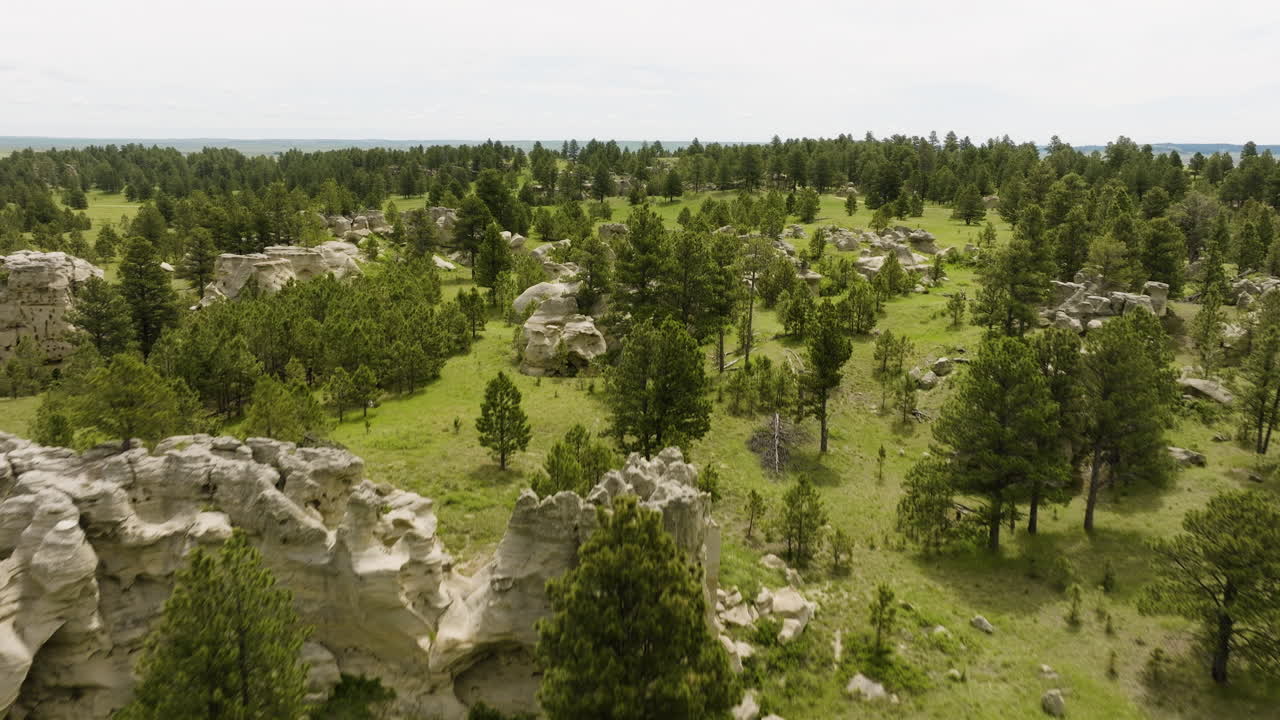 Aerial View of a Prairie Landscape with Buttes and Trees