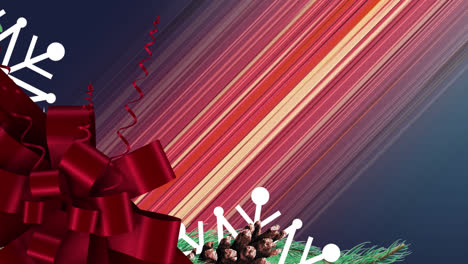 animation of christmas decoration over stripes on purple background